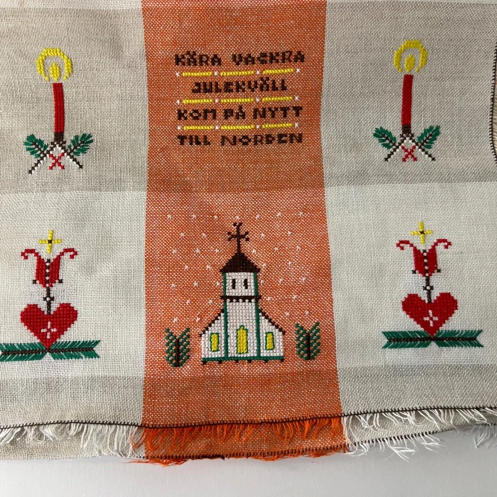 Handmade Swedish Linen Crossstitch Towel Graphics Church‎ Candles Cross 14 x 24